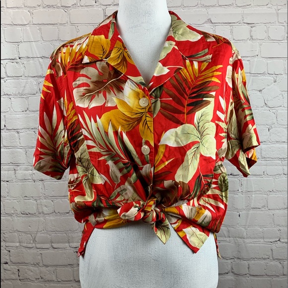 VINTAGE BASIC EDITIONS Hawaiian Shirt Red Button Down with Short Sleeves - Picture 2 of 13
